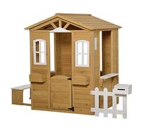 Outsunny Cabane de Jeu pour Enfant Maison de Jardin en Bois Porte et fenêtres, Banc, Boite aux Lettres, clôture, de 3 à 6 Ans 205 x 119 x 140 cm Jaune