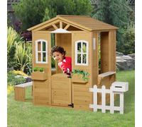 Outsunny Cabane de jeu pour enfant maison de jardin en bois porte et fenêtres, banc, boite aux lettres, clôture, de 3 à 6 ans