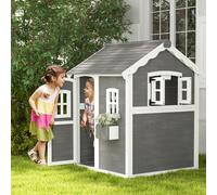 Outsunny Cabane enfant extérieur, maison enfant extérieure, avec porte, fenêtres, bac à plantes, plancher - en bois gris
