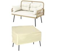 Outsunny Canapé de Jardin avec Housse de Protection, Coussins et oreillers 2 Places en résine tressée, canapé d'extérieur avec accoudoirs, Cadre en Acier galvanisé, Housse Tissu Oxford 600D, Beige