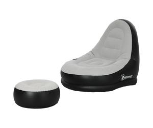 Outsunny Canapé gonflable et repose-pieds, tissu aspect peluche doux et porte-gobelet, gris