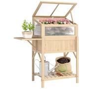 Outsunny Carré Potager sur Pieds avec Serre, jardinière surélevée en Bois avec Table latérale Pliante et étagère de Rangement, pour légumes, Fleurs, Herbes, 104 x 50 x 120 cm, Bois Naturel