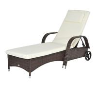 Outsunny Chaise Longue de Jardin en Rotin Mobilier de Jardin avec Coussin et Roues, Rotin Synthétique+Métal, Marron Café, 200 x 73 x 30-103cm