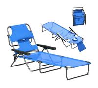 Outsunny Chaise longue de jardin pliable avec fenêtre de lecture, oreiller, dossier réglable en 4 positions, résistante aux intempéries, charge maximale : 120 kg, pour jardin, plage, piscine, bleu