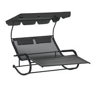 Outsunny Chaise Longue Double avec Toit Solaire, Appui-têtes détachables, Bain de Soleil de Patio pour 2 Personnes, transat de terrasse à Bascule, Ergonomique, 2 Roues, Noir