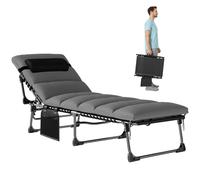 Outsunny Chaise Longue Jardin Extérieur Bain de Soleil Pliable Gris Foncé | Dossier Inclinable 5 Positions, Transat avec Coussin, Poche Latérale, Appui-tête, Structure en Acier, pour Terrasse