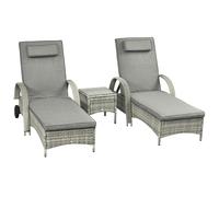 Outsunny Chaise Longue Table 3 pièces Ensemble de meubles de jardin, Rotin synthétique + Métal Gris