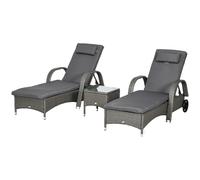Outsunny Chaise Longue Table d'Appoint Ensemble de Mobilier de Jardin 3 Pièces, Rotin synthétique+Métal Gris+Gris foncé