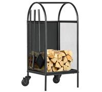Outsunny Chariot à Bois de Chauffage avec Roues 37,5 x 37,5 x 80 cm Noir | Range-Bûches, Porte Bûches de Cheminée, Pelle Balai Tisonnier, Foyer, Intérieur Extérieur