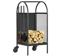 Outsunny Chariot à bois de chauffage avec roues, range-bûches, porte bûches de cheminée, avec accessoires, pelle, balai et tisonnier, foyer, intérieur extérieur, 37,5 x 37,5 x 80 cm noir
