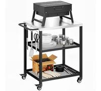 Outsunny Chariot de barbecue à 3 étages avec plan de travail réglable, crochets de roues, table de barbecue en acier inoxydable, chariot d'extérieur, chariot à roulettes pour jardin, terrasse, 77 x 51