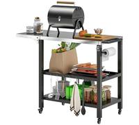 Outsunny Chariot de barbecue à 3 niveaux avec roulettes, étagères plan de travail en acier inoxydable latéral pliable et poignée table de four à pizza pour jardin patio noir