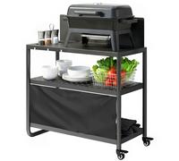 Outsunny Chariot de Barbecue Desserte de Jardin Mobile avec Pare-vent 3 Niveaux Rideau Oxford 100x46x110cm Noir