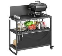 Outsunny Chariot de Barbecue en Acier 100x46x110cm avec Pare-vent - Desserte de Jardin 3 Niveaux Mobile avec Rideau Oxford - Station de Cuisson pour Plancha et Four à Pizza avec Rangement, Noir