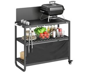 Outsunny Chariot de Barbecue en Acier 100x46x110cm avec Pare-vent - Desserte de Jardin 3 Niveaux Mobile avec Rideau Oxford - Station de Cuisson pour Plancha et Four à Pizza avec Rangement, Noir