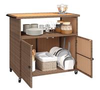 Outsunny Chariot de service en rotin avec surface de travail en bois d'eucalyptus certifié FSC, étagère, roulettes, poignée latérale 95 x 54 x 84 cm