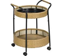 Outsunny Chariot de service en rotin Trolley avec 2 étagères, chariot de jardin, chariot de cuisine rond avec poignées, chariot de bar d'extérieur pour balcon, cadre en acier, naturel, Φ50 x 66 cm