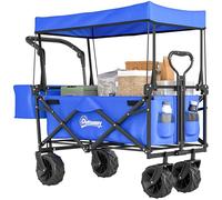 Outsunny Chariot de Transport, Chariot à roulettes Plage Pliant avec Toit, poignée, Panier, Tout-Terrain, Charge 68 kg, Acier Oxford Bleu