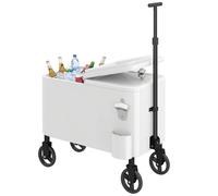 Outsunny Chariot glacière 56 L avec roues, poignée réglable, décapsuleur, récupérateur de capsules, vidange et poignée, 75x35x120 cm, Blanc