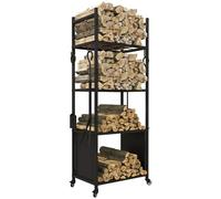 Outsunny Chariot range bûches intérieur, porte-bûches avec roulettes, 4 crochets, 4 outils de cheminée et 4 étagères grande capacité, en métal, support de stockage de bois, 45 x 30 x 118 cm, noir