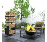 Outsunny Chariot range bûches intérieur, porte-bûches roulettes, 4 outils de cheminée, 4 étagères, métal, 45 x 30 x 118 cm, noir