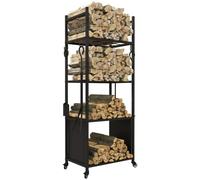 Outsunny Chariot range bûches intérieur, roulettes, métal 45x30x118cm Noir