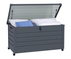 Outsunny Coffre de rangement extérieur 311L en acier galvanisé avec roulettes, vérin à gaz et poignée, coffre de jardin 120 x 62 x 66 cm gris