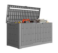 Outsunny Coffre de Rangement Extérieur 379 L Verrouillable avec Vérin à Gaz, Boîte de Jardin en Aspect Bois Résistant aux UV, pour Outils Accessoires, 122,5x56x62cm, Gris