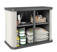 Outsunny Coffre de Rangement Extérieur 480 L, 2 Niveaux avec Portes Coulissantes, Boîte de Jardin Résistant aux UV, pour Jardin Terrasse, 120,5x59,5x92cm, Marron Clair