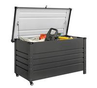 Outsunny Coffre d'extérieur de 350 L en acier renforcé, coffre de jardin avec couvercle verrouillable, pistons à gaz, roues et poignées latérales, récipient d'extérieur pour jardin, patio, piscine