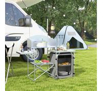 Outsunny Cuisine de camping, pliable, 3 plateaux de travail, pare-brise, armoire en tissu, 144x48x119cm, Argent