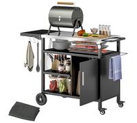 Outsunny Desserte Jardin Chariot de Barbecue avec Plateau en Acier Inoxydable, Tablette Rabattable, Crochets et Housse fournie, desserte extérieur à roulettes 127x51x84cm Noir