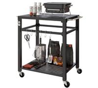 Outsunny Desserte jardin chariot de barbecue sur roulettes avec crochets, poignées, roulettes verrouillables, 90,5x55x88 cm, noir
