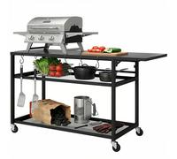 Outsunny Desserte jardin chariot de barbecue sur roulettes avec Plateau Latéral Pliable, Trois Étagères, 133 x 48,5 x 82 cm, Noir