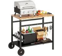 Outsunny Desserte jardin, chariot de barbecue sur roulettes, îlot de cuisine à 2 niveaux avec plateau en métal aspect bois, porte-boissons et crochets, 97 x 51 x 83 cm, noir et marron