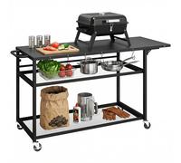 Outsunny Desserte Jardin Chariot de Barbecue sur roulettes îlot de Cuisine avec Plateau Latéral Pliable, Trois Étagères, Crochets et Poinége, 133 x 48,5 x 82 cm, Noir