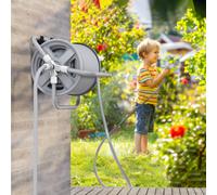 Outsunny Dévidoir enrouleur de tuyau d'arrosage 20m + 2m, buse de pulvérisation réglable 2 en 1, à fixer au mur ou à poser
