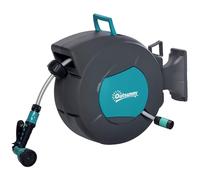 Outsunny Enrouleur tuyau d'arrosage automatique pivotant 180° 15+1,4 m Support mural Turquoise/Gris