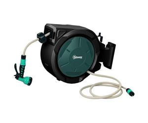Outsunny Enrouleur Tuyau Arrosage Mural 30 m x Ø 15 mm, Dévidoir Automatique de Tuyaux d'Eau Rétractable Automatique Pivotant à 180°, Buse à 7 Modes, pour Jardin et Lavage de Voiture, Gris