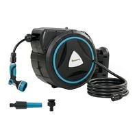 Outsunny Enrouleur Tuyau Arrosage Mural Automatique 23+2m - Dévidoir Automatique Pistolet d'Arrosage 10+2 Modes - Solution d'Irrigation Rétractable et Flexible pour Jardin, Nettoyage Voiture, Bleu