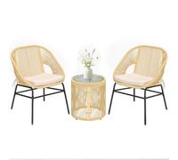 Outsunny Ensemble Bistro 3 Pièces en Résine Tressée - Salon de Balcon avec 2 Fauteuils Confortables et Table en Verre Trempé - Petit Salon de Jardin avec Coussins Déhoussables, Beige