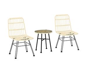 Outsunny Ensemble Bistro de Jardin 3 pièces Table Basse Ronde Verre trempé + 2 chaises, 2 Coussins zippés déhoussables Polyester, résine tressée PE, métal galvanisé, Ø 45 x 50 cm, crème