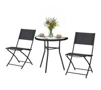 Outsunny Ensemble Bistro d'Extérieur, Mobilier de Patio 3 Pièces avec Chaises Pliantes, Table en Verre Semi-Circulaire, Noir