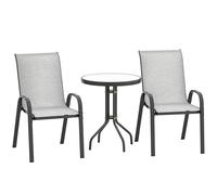 Outsunny Ensemble bistrot 3 pièces avec 2 chaises de Jardin empilables et Respirantes et Table Ronde, Ensemble Table et chaises de Jardin en Acier et Verre, Ensemble de pour terrasse, Cour,