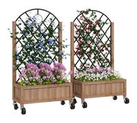 Outsunny Ensemble de 2 bacs surélevés avec treillis, roulettes, treillis en bois pour plantes 152x25x97cm Marron