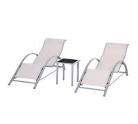 Outsunny Ensemble de 2 Chaises Longues de Jardin avec Table d'Appoint en Verre Trempé Chaises Longues avec Dossier et Accoudoirs pour Patio Piscine Terrasse Extérieure Crème