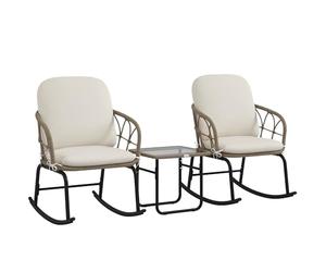Outsunny Ensemble de 3 chaises à bascule en rotin, ensemble de meubles de jardin avec 2 chaises à bascule, 1 table basse, salon de jardin avec coussins, pour balcon, terrasse, crème