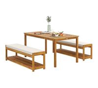 Outsunny Ensemble de 3 meubles de jardin en bois d'acacia avec 1 table à manger avec trou pour parasol, 2 bancs, ensemble de meubles de balcon pour balcon, terrasse, teck