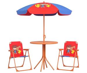 Outsunny Ensemble de bistrot pour enfants - Table et chaises de jardin - Thème cowboy - 4 pièces avec parasol réglable - Chaises pliables pour 2 à 5 ans - Bleu et rouge