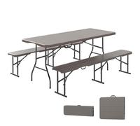 Outsunny Ensemble de camping pliable 3 pièces Table pliante de camping avec bancs Comprend 1 table 180 x 74 x 74 cm et 2 bancs effet bois imperméable pour camping, jardin, pique-nique Marron